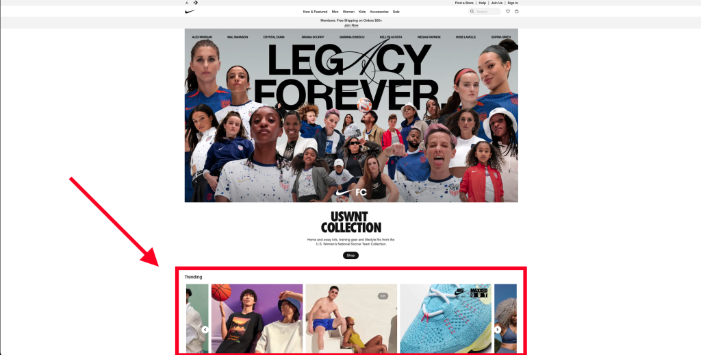 Nike.com affiche leur produits tendance sur la page d'accueil de leur boutique eCommerce