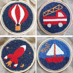motifs aventurier montgolfière camion pompier fusée bateau kit complet punch needle