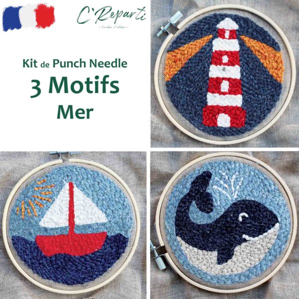 Kit Punch Needle 3 Motifs Mer phare bateau baleine
