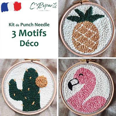 Kit Punch Needle 3 Motifs Déco ananas flamant rose cactus