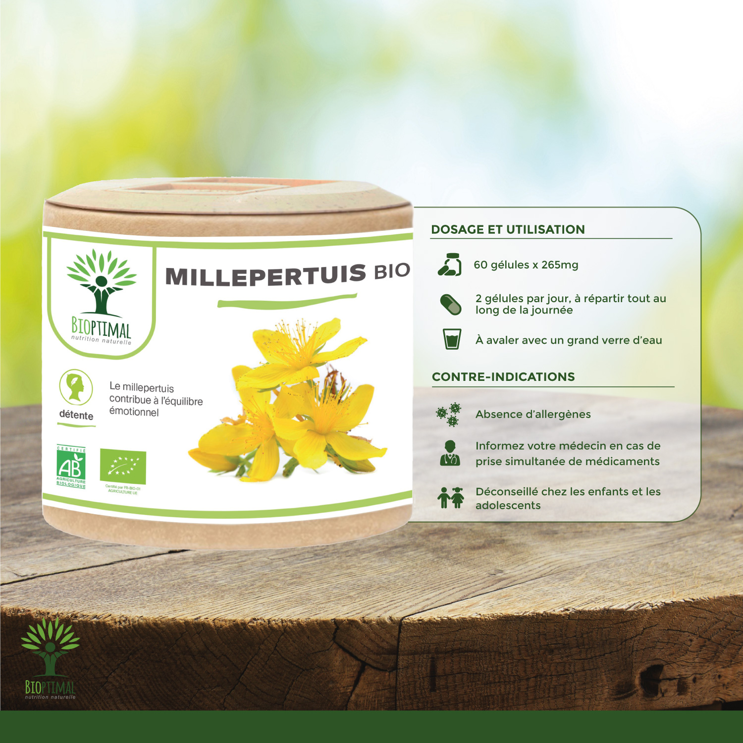 5 Millepertuis Bioptimal Complément Alimentaire bio Cure 1 mois Fabriqué en France Certifié par Ecocert 60 gélules (2)