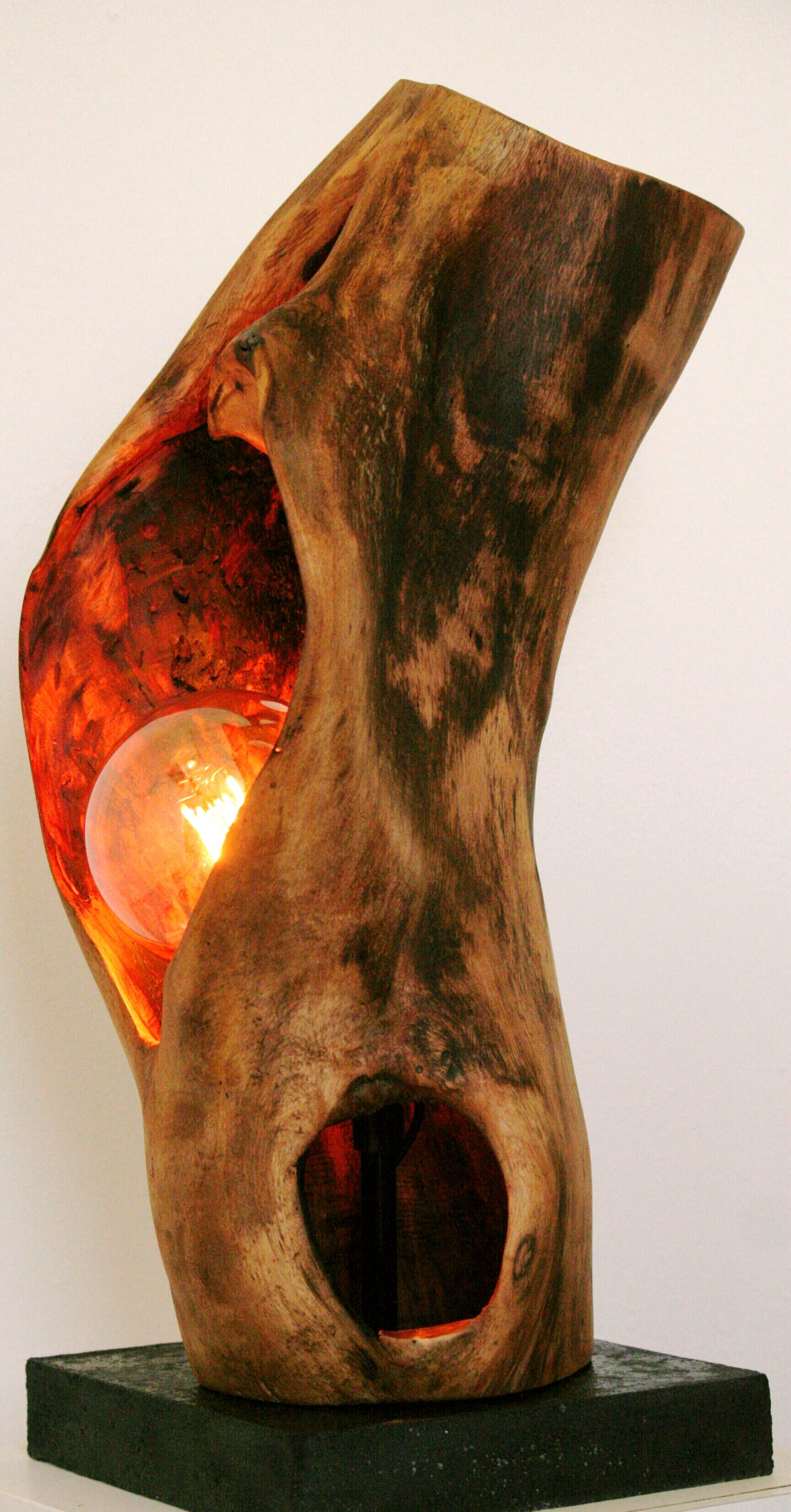 Lampe en bois façonné dans un tronc posé sur un socle