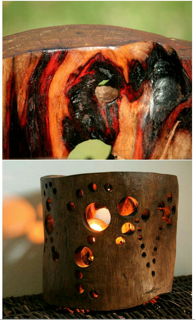 2 images de piéce de bois recyclé en lampe