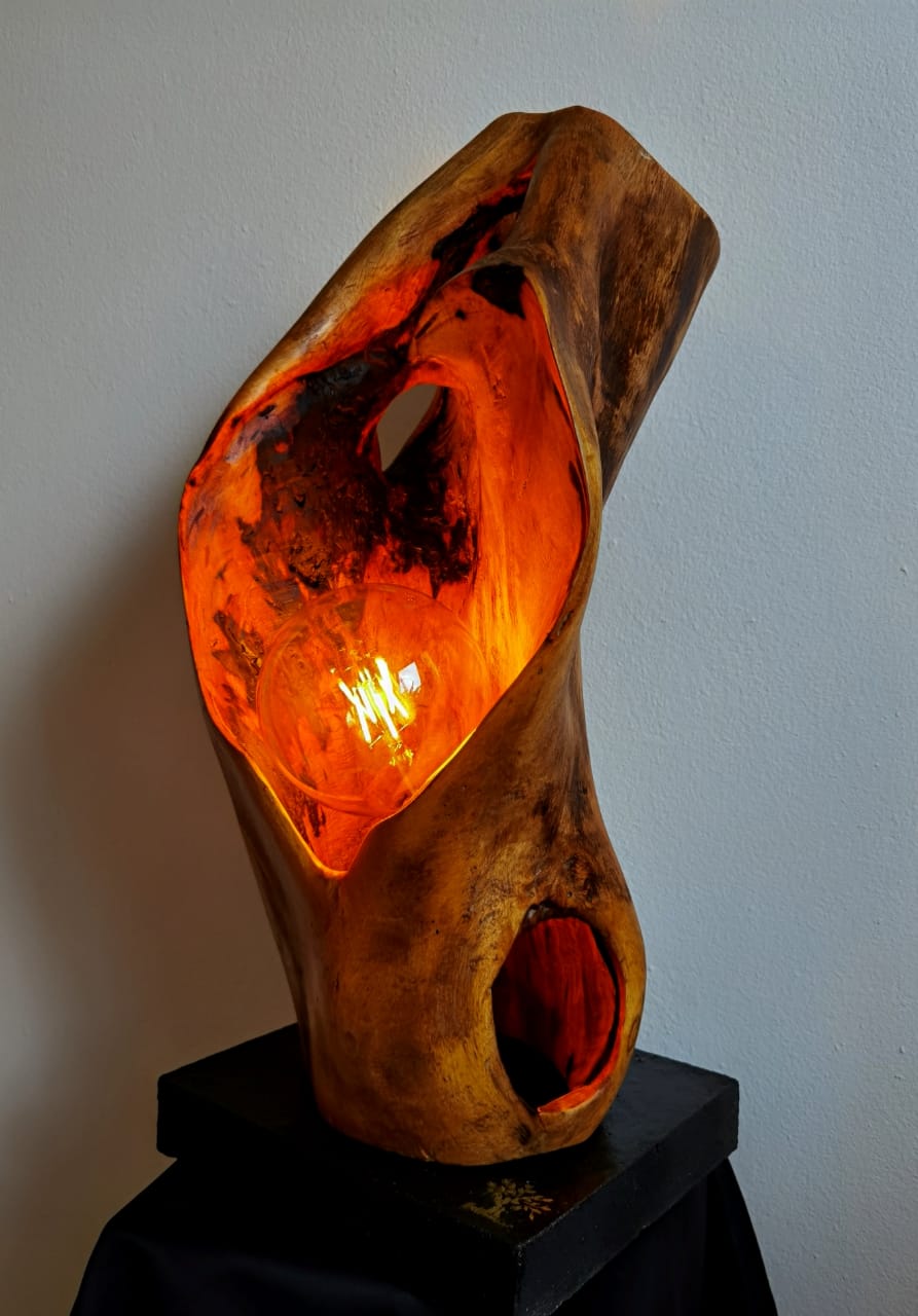 lampe de bois posé sur un socle noir