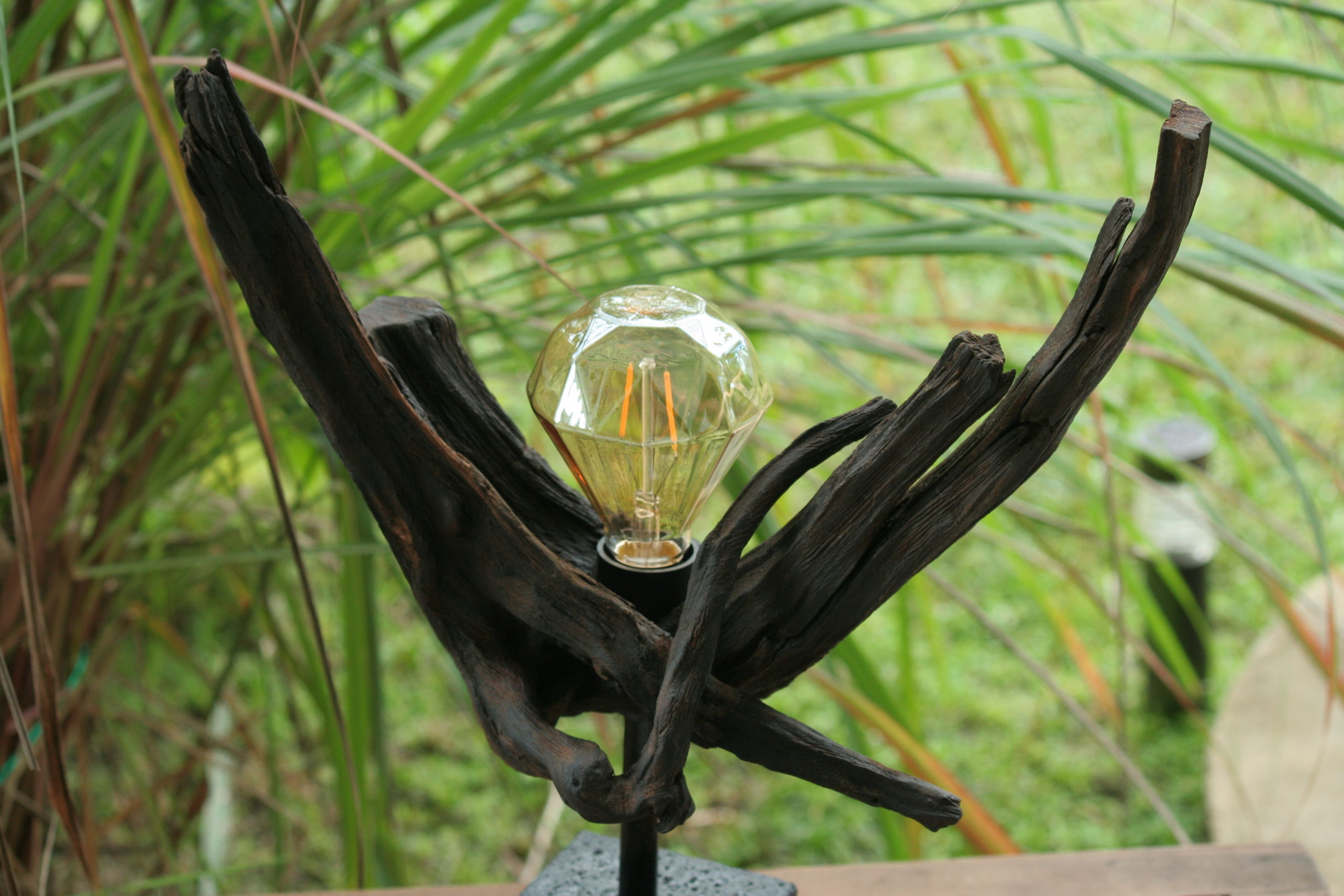 Lampe design en bois naturel et son ampoule diamant