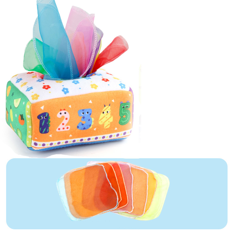 Jouet de boîte de mouchoirs pour bébé avec 3 papiers froissés et 8 foulards  colorés Boîte de tissus magique Développement sensoriel Boîte de tissu à