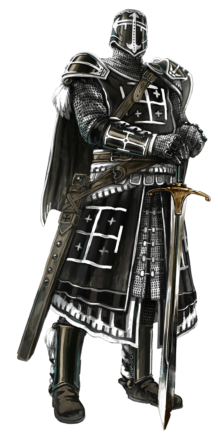 Chevalier templier en armure noir et blanc avec une épée