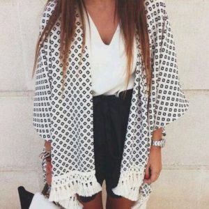 Kimono Bohème à franges Minute Mode Blanc et noir M