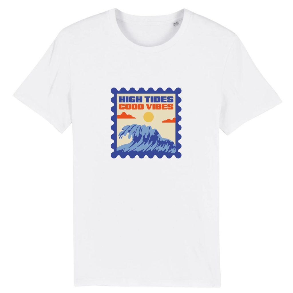 T-shirt vintage "HIGH TIDES-GOOD VIBES" - Col rond - 100% Coton Bio