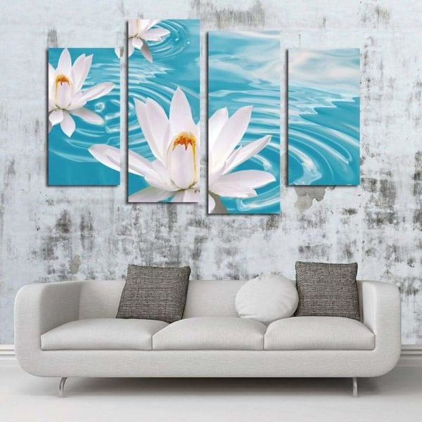 Tableau Fleur de Lotus Blanc sur l'eau turquoise 4 pièces - Royal Lotus