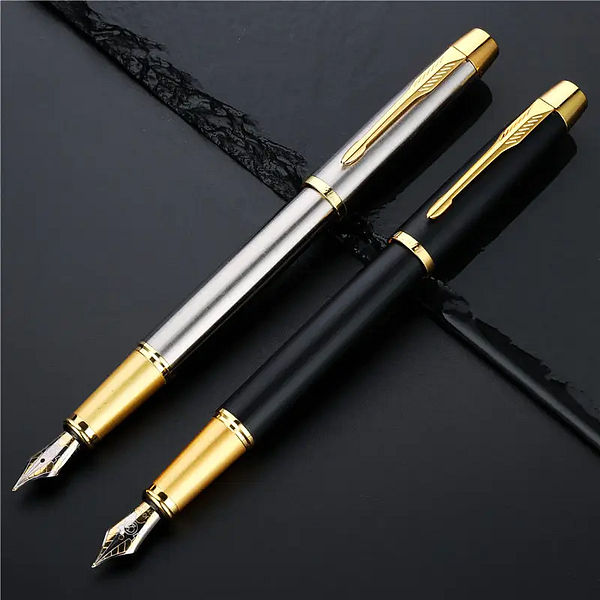Deux stylos à plume noir et argenté élégant posé sur un support noir