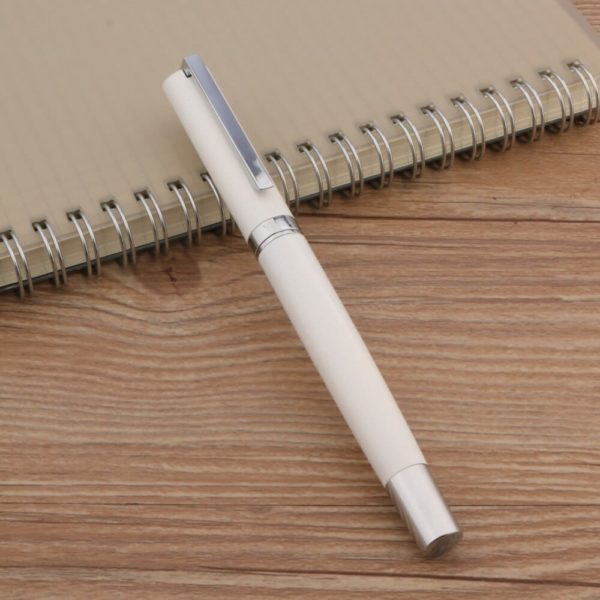 stylo plume avec plume argentée et dorée sur un support en bois