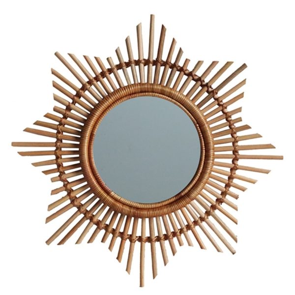 Miroir soleil avec un cadre étoilé en rotin