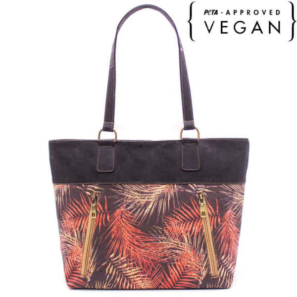 face poches zipees sac a main en liège noir naturela motif feuilles avec logo peta approved vegan