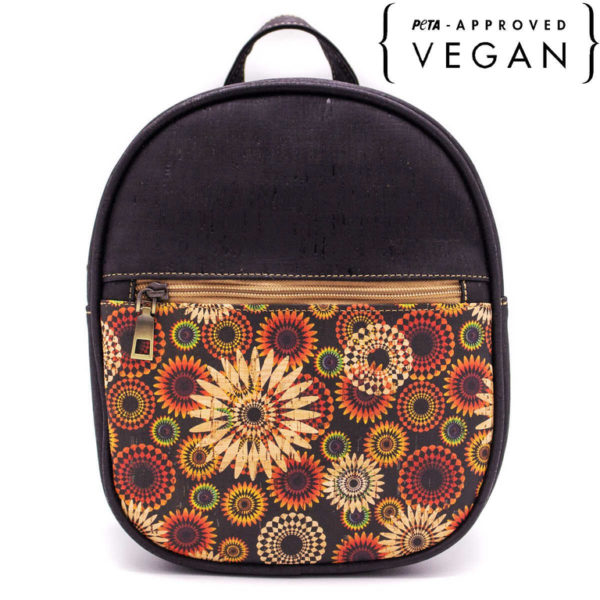 face sac a dos en liège naturela motifs fleurs avec logo peta approved vegan