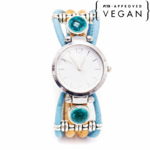 montre en liège bijou bleu avec logo peta approved vegan