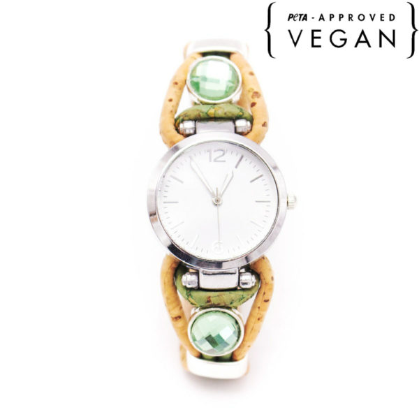 montre en liège bijou vert avec logo peta approved vegan