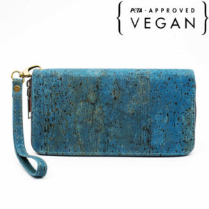face portefeuille en liège turquoise bella avec logo peta approved vegan