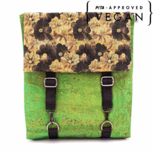 face sac a dos en liege studie couleur vert avec rabat motifs fleurs