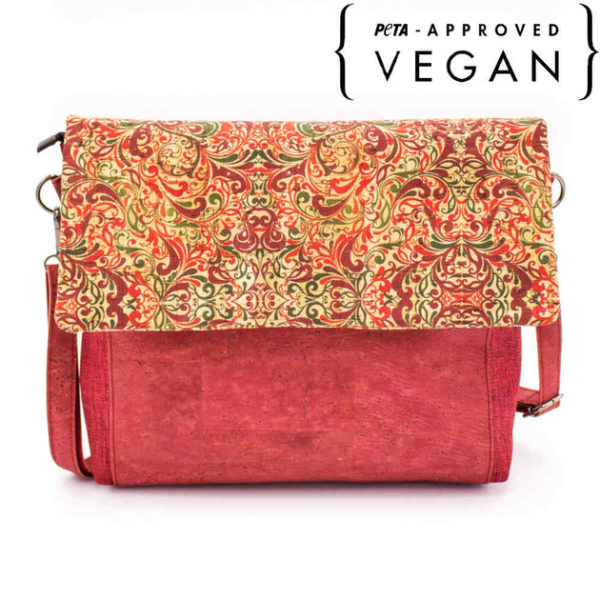 face sac besace en liege et tissu rouge sunny rabat en liege avec motif volute florale et logo peta approved vegan