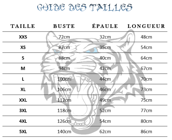 Guide des tailles  de T-Shirt Tigre Luminescent