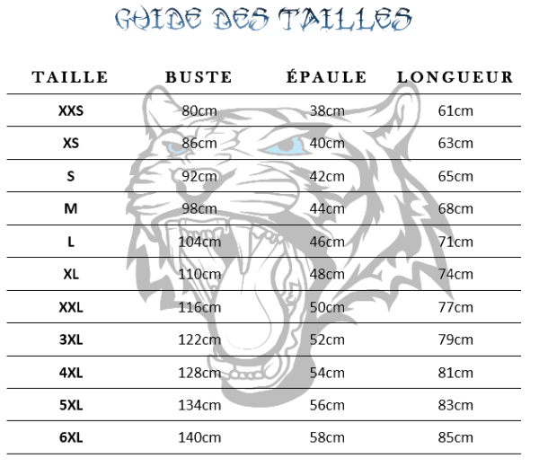 Guide des tailles  de T-Shirt Tigre Arc En Ciel