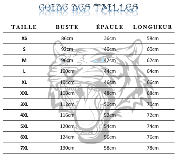 Guide des tailles  de T-Shirt Tigre T-Shirt Tigre master fire