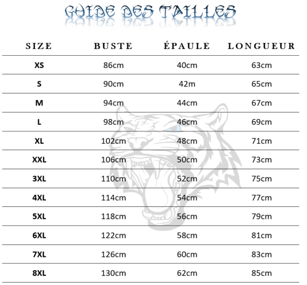 Guide des tailles  de T-Shirt Tigre D'un Autre Monde
