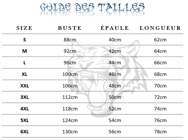 Guide des tailles  de T-Shirt Tigre En Montagne