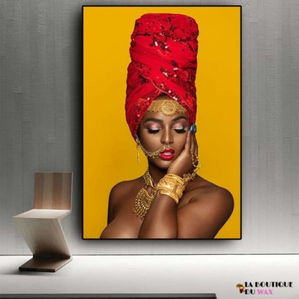 Magnifique Tableau Canvas Femme D'Afrique avec bijoux en or et turban Rouge