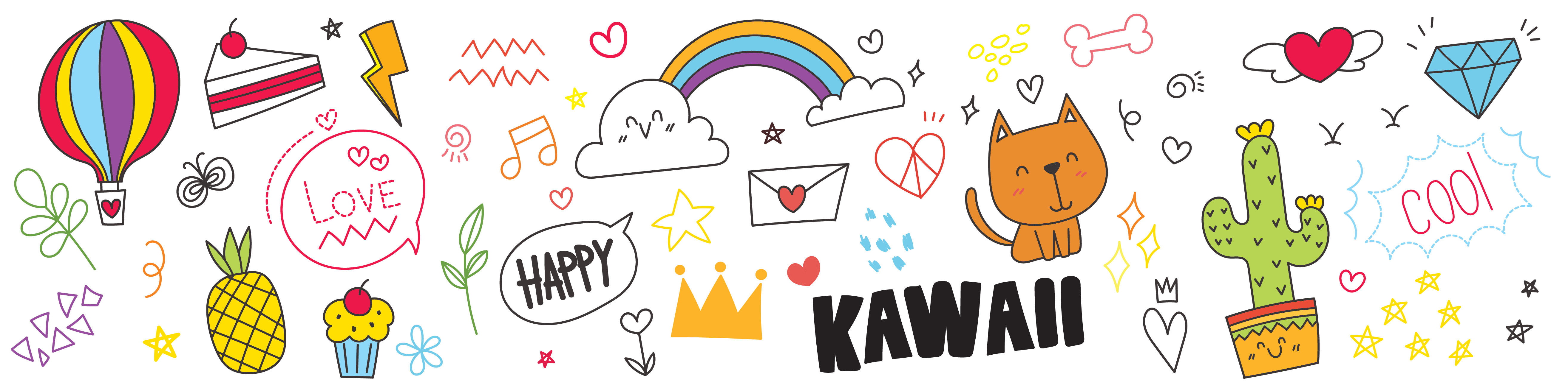 Bandeau kawaii avec des dessins mignons arc en ciel chat coeur fleurs et étiquettes Happy Kawaii et Love