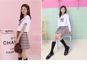 Jeune fille étudiante en uniforme scolaire avec une jupe à carreaux marron Karina